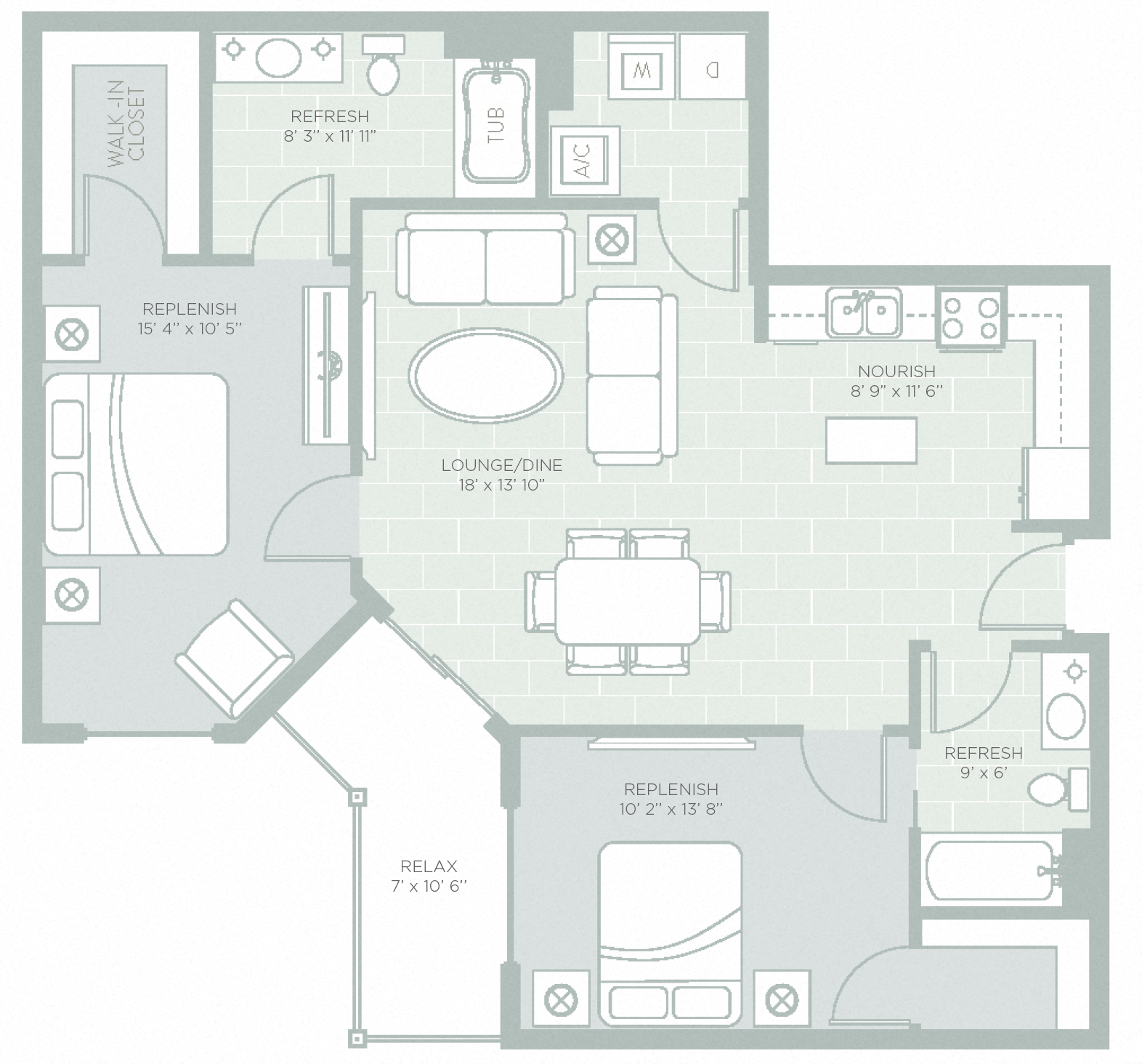Floor plan for 2 beds, 2 baths, 1055 sqft